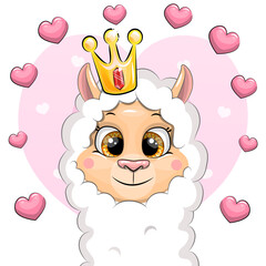 Cute cartoon llama head with a crown. Vector illustration of animal on pink background with hearts.