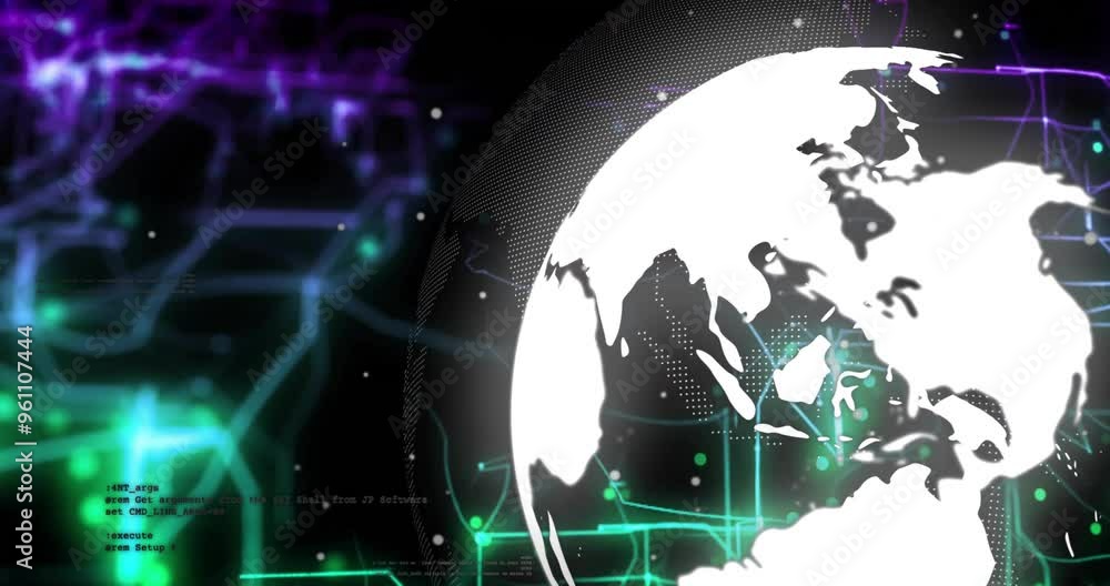 Poster glowing network connections and data processing animation over rotating globe