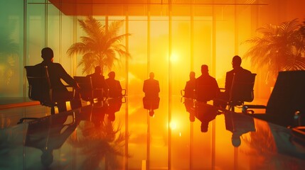Naklejka premium Silhouettes of Businesspeople in a Meeting at Sunset