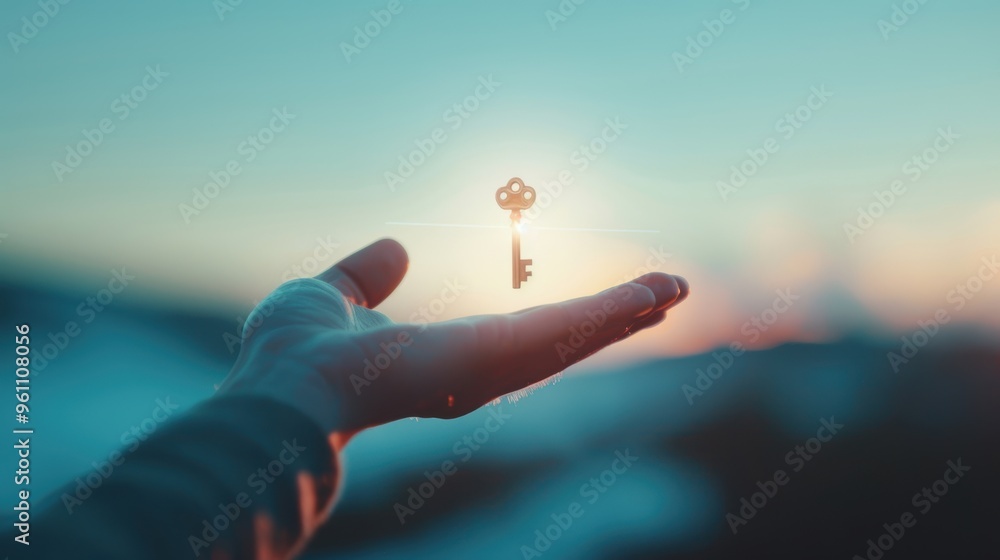 Wall mural a businessman's hand holding out a key with a shining light at the end, symbolizing unlocking opport