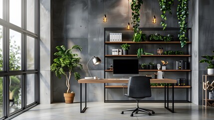 Modern Industrial Office Interior with Large Windows and Greenery