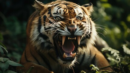 Fototapeta premium view of ferocious wild tiger in nature photo