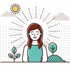 Woman meditating in nature in flat vector illustration