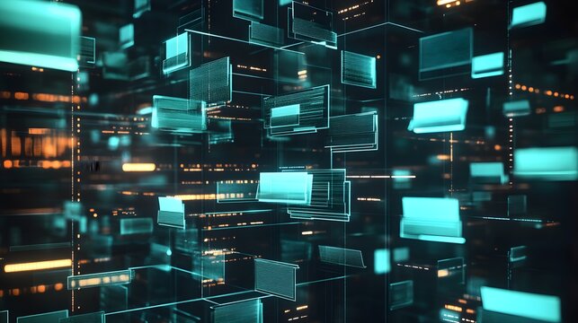 Abstract network grid with files and folders, futuristic software interface, digital document management system, store, search and organize documents, corporate business, paperless office