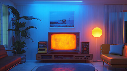 A retro 90s living room with a vintage TV and cassette tapes, lit by the soft glow of a lava lamp, blending nostalgic decor with modern elements like sleek minimalist furniture, creating a blend