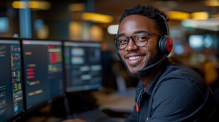 Fototapeta premium Smiling man working at customer service desk with headset
