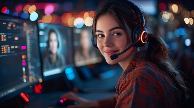 Female customer service agent in a busy office with headsets