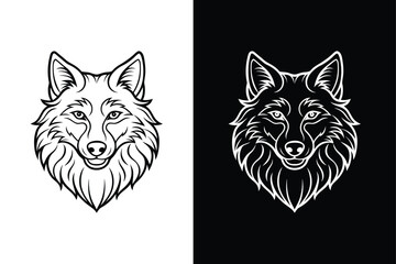 Minimalist Wolf Face Line Art. Black and White Silhouette Vector Icon
