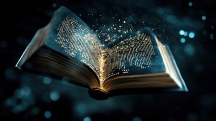 Fototapeta premium Magical Open Book with Glowing Text and Sparkles in a Dark Mystical Atmosphere