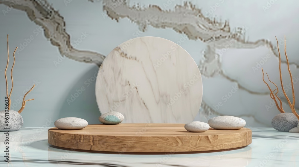 Wall mural Wooden podium adorned with sea stones on a marble backdrop