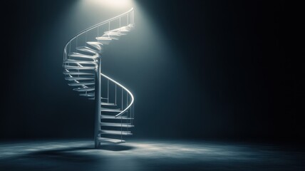 Elegant Spiral Staircase Illuminated by Dramatic Spotlight in Dark Minimalist Setting