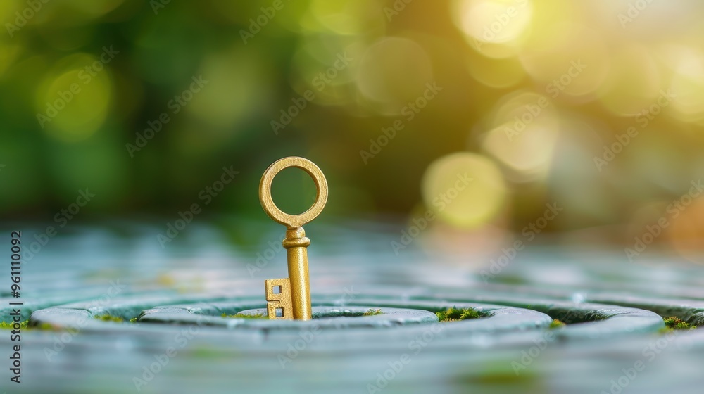 Poster an abstract image of a labyrinth with a key at its center, symbolizing the journey and challenges in