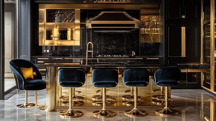 Elegant Black and Gold Kitchen: Perfect Poster Inspiration for Stylish Interiors with Velvet Chairs and Metal Accents