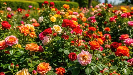 Fototapeta premium Vibrant field of blooming roses in full bloom during the spring season, colorful, roses, field, spring, vibrant, blooming