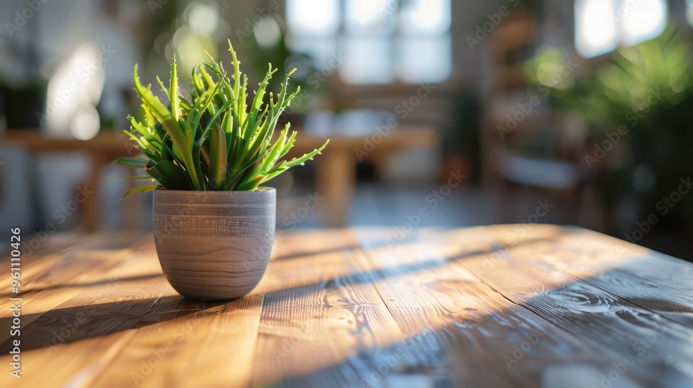 Poster Green plant on wooden table in contemporary workplace