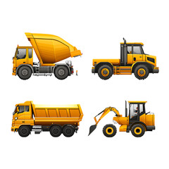 Collection of construction vehicles including dump trucks, excavator, and loader in yellow. Heavy machinery for construction projects.