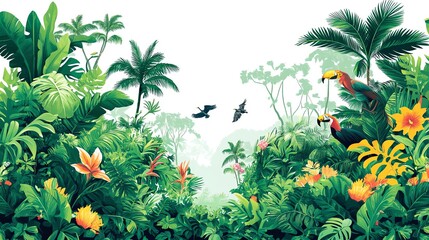 Lush Tropical Jungle with Birds and Flowers