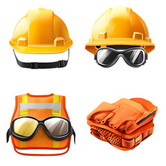 Set of safety equipment including hard hats, goggles, reflector vest, and gloves, essential for workplace protection.
