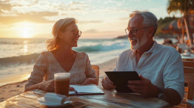 A senior couple at a beachside café, smiling and discussing their retirement plans over coffee