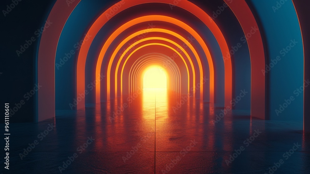 Poster a striking futuristic tunnel featuring a sequence of glowing orange and blue arches that lead to a b