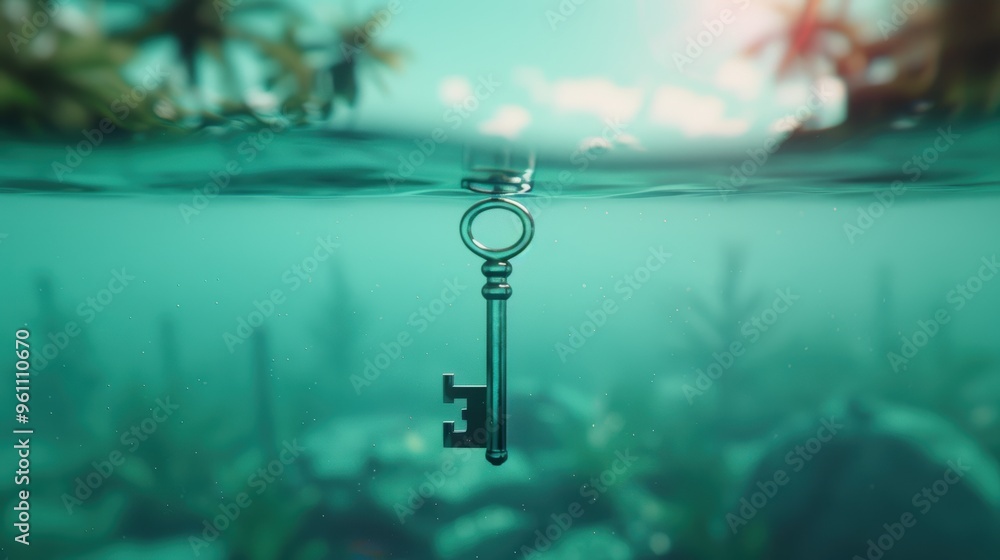 Poster a surreal image of a key submerged in crystal-clear water, reflecting a distorted yet intriguing gli