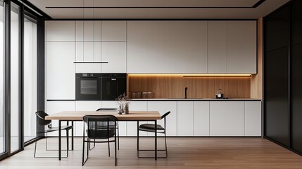 Fototapeta premium Elevate Your Space: Minimalist Kitchen Inspiration with White Cabinets, Black Metal Accents, and a Cozy Wooden Dining Table – Perfect as a Stylish Poster for Modern Interiors!