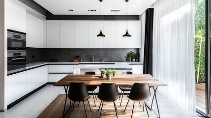 Elevate Your Space: Minimalist Kitchen Inspiration with White Cabinets, Black Metal Accents, and a Cozy Wooden Dining Table – Perfect as a Stylish Poster for Modern Interiors!