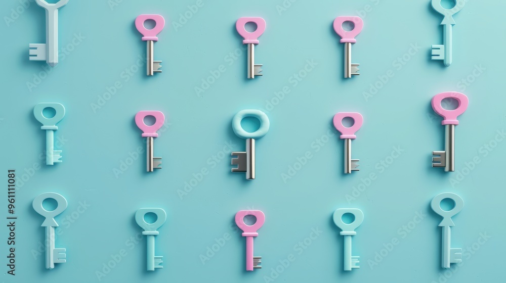 Poster a symbolic representation of keys arranged creatively to convey the concepts of access and control, 