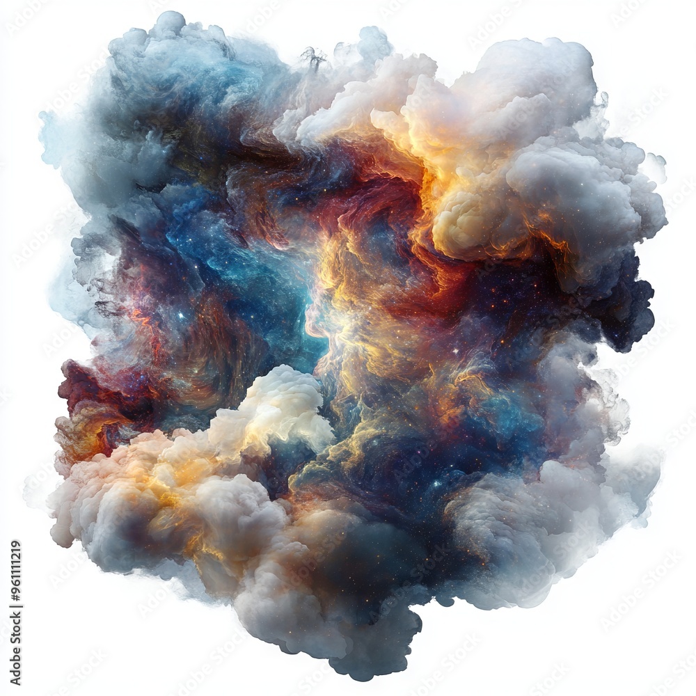 Poster harmonious nebula cloud patterns swirling in an abstract cloud shape isolated on white background