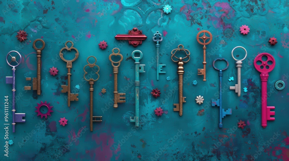 Poster an abstract composition featuring symbolic keys of varying sizes and designs, arranged creatively to