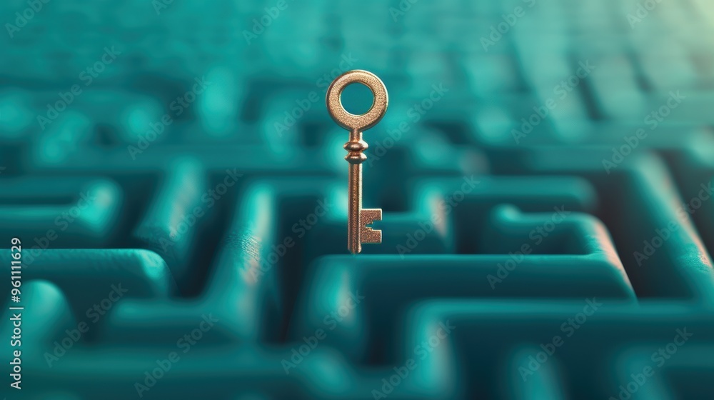 Poster a conceptual photo of a key floating above a maze, symbolizing the journey and challenges involved i