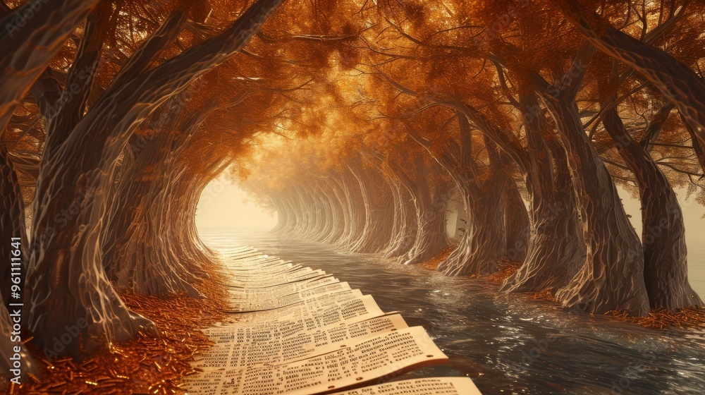 Aufkleber a mesmerizing scene with a river flowing over a path of text under an arch of golden autumn trees. t