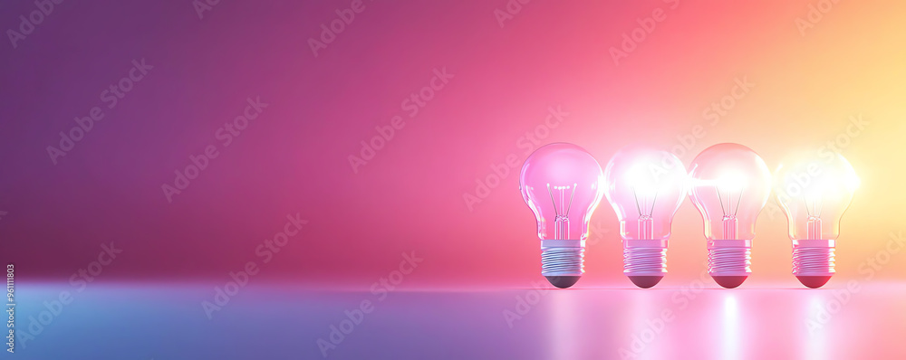 Poster a vibrant display of glowing light bulbs arranged in a row, showcasing colorful reflections and mode