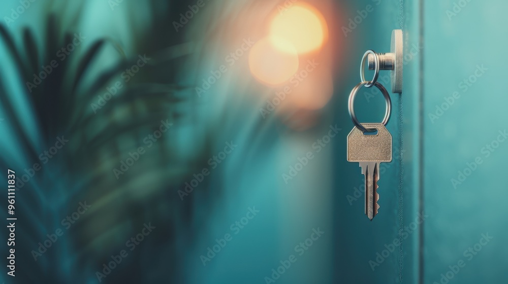 Poster a set of keys dangling from a commercial door lock in an office setting, representing security and c