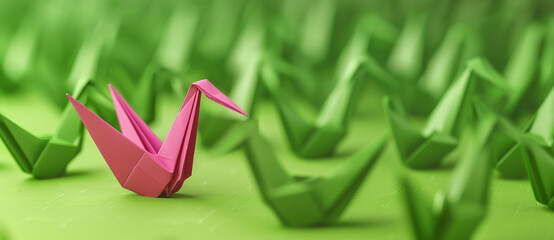 A magenta crane among the green paper cranes