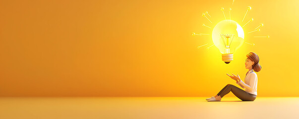 A woman sits creatively with a glowing light bulb, symbolizing inspiration and new ideas in a vibrant yellow setting.