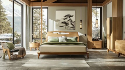 Stylish Modern Bedroom with Stone Floor and Light Wood Furniture: Perfect Poster for a Sporty Interior with Green Accents
