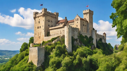 Obraz premium A historic castle perched on a hill with medieval architecture, surrounded by lush green gardens and a clear blue sky. Perfect for showcasing historical landmarks, architecture, and scenic beauty