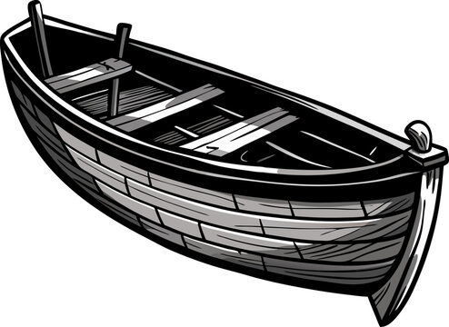 recommend clip art: A boat with a wooden frame is shown in a black and white drawing