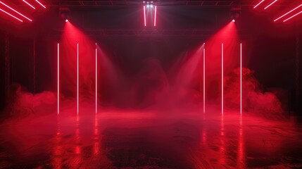 Dark stage with neon lights and spotlights, featuring a red background and empty scene, showcasing products in a studio with smoke.