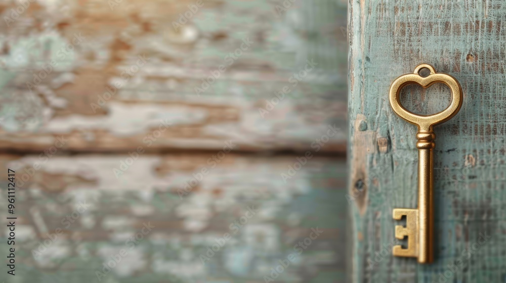 Poster macro shot of a brass key entering a keyhole in a rustic wooden door, highlighting the concept of ac