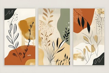 Botanical wall art background vector set.Earth tone natural colors foliage line art boho plants drawing with abstract shape. Mid century modern design for prints, poster, cover and wallpaper.