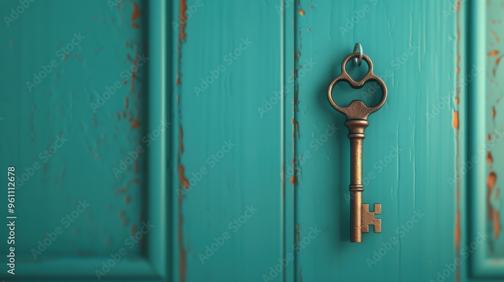 Poster an artistic representation of a vintage key placed on an antique table next to a closed door, hintin