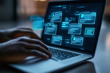 Digital documents, law, and climate data management concept with a businessman working on a laptop computer using an online document storage system in the office, double exposure photography, studio s