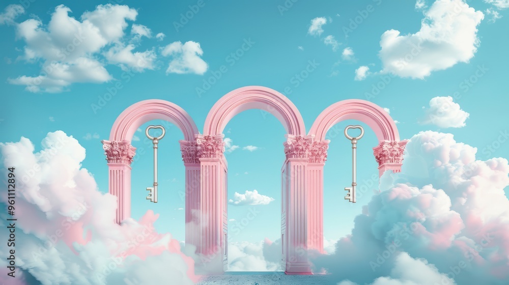 Poster an artistic representation of a surreal landscape where oversized keys float in the sky above surrea