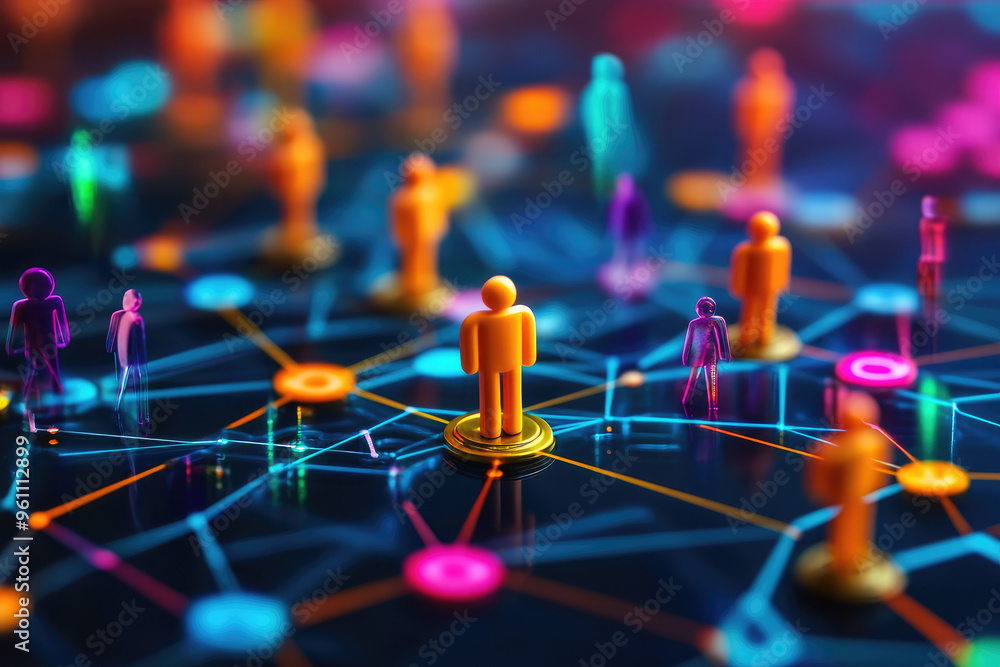 Poster digital networking landscape, vibrant figures representing individuals interconnected through glowin