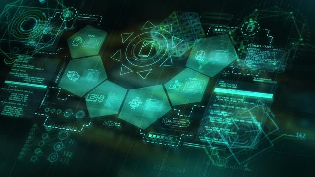 Animated 3D data graphics, infographic with code fragments.