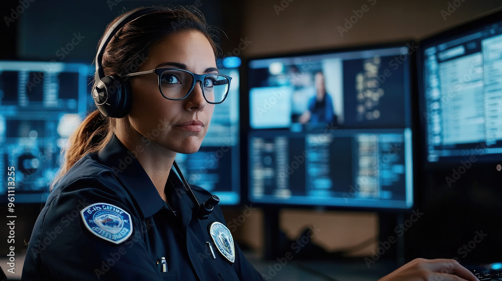 Poster cybersecurity analyst monitoring threats, focused professional wearing headphones and glasses in fro