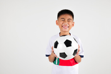 Portrait Asian smiling young boy kids holding a soccer ball studio shot isolated white background, cute child playing football sport hobby for kids, leisure games concept