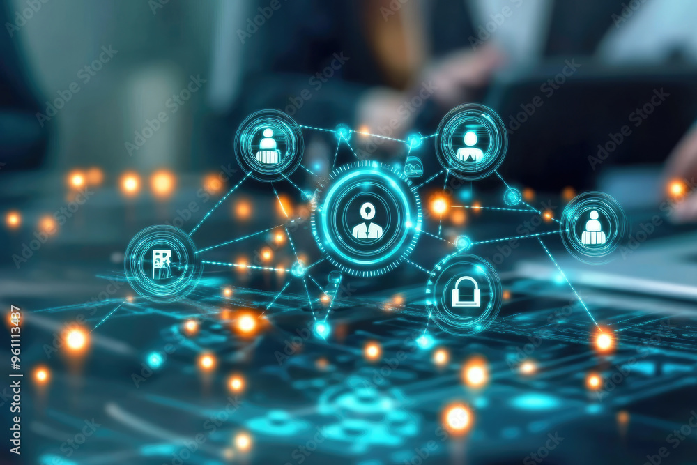 Poster digital network connections illustrating user profiles and security features, highlighting modern te